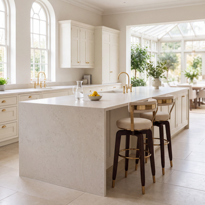 A bright, modern kitchen island with a light stone countertop and backsplash, paired with three bar stools that have cream cushions and gold-toned metal frames. The kitchen features white cabinets with gold handles, a gold faucet, and large arched windows looking into a sunroom.