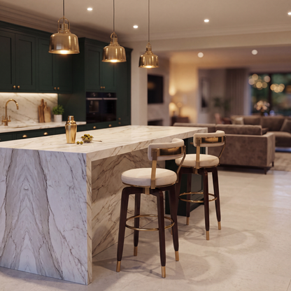 A modern kitchen island with a white marble-look countertop and matching marble base, paired with two bar stools that have cream cushions and gold-toned metal frames. The kitchen features dark green cabinetry, gold pendant lights, and a bright, upscale interior.