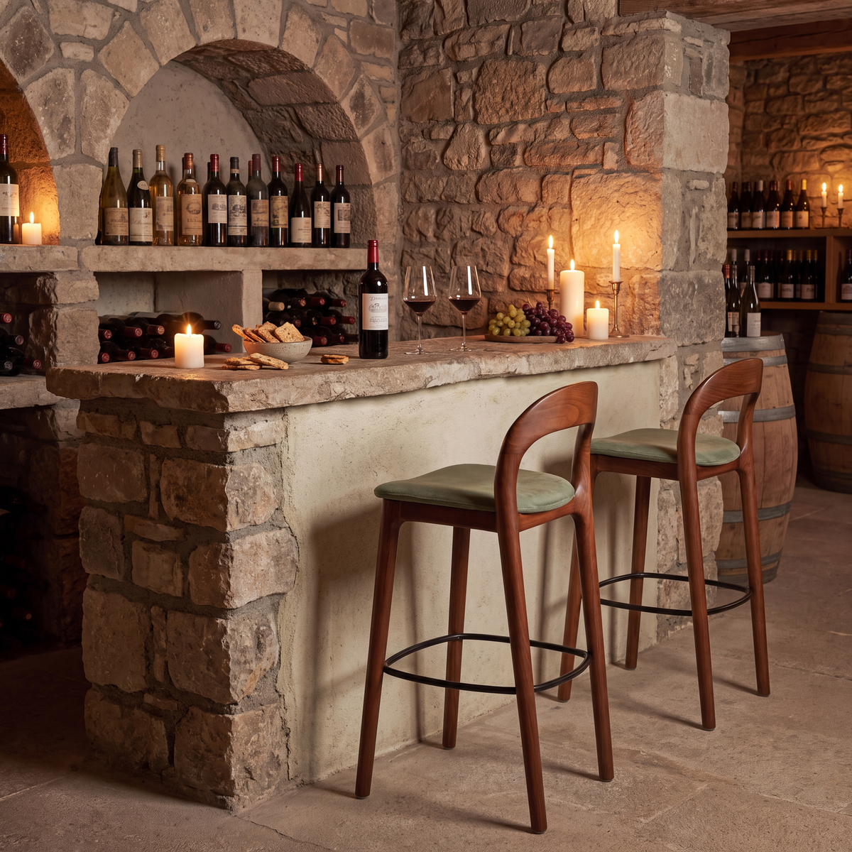 Two wooden bar stools with green cushioned seats are positioned in front of a rustic stone and plaster wine bar counter, set in a warm, candle-lit cellar environment with wine bottles and barrels in the background.