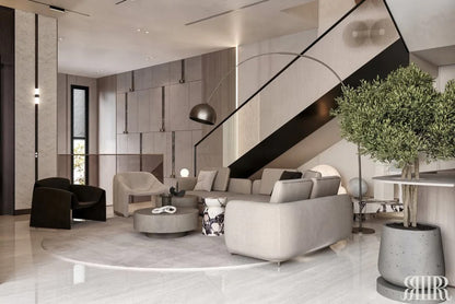 Modern living room with gray sofa, coffee table, and decorative elements.
