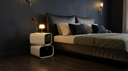 Bedside tables with swivel drawers at Rustic Rooms