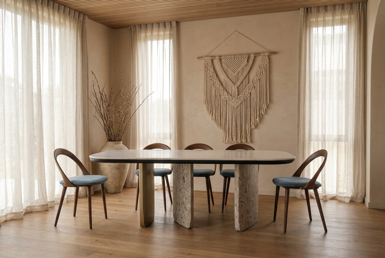 Rustic Rooms Trieste marble dining table styled for a modern dining room
